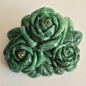 Vintage brooch green roses flower floral pin big garden rhinestones